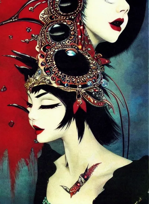 Image similar to junoesque female korean vampiress, jeweled headdress, heavy mascara, strong line, saturated color, beautiful! coherent! by frank frazetta, high contrast, minimalism