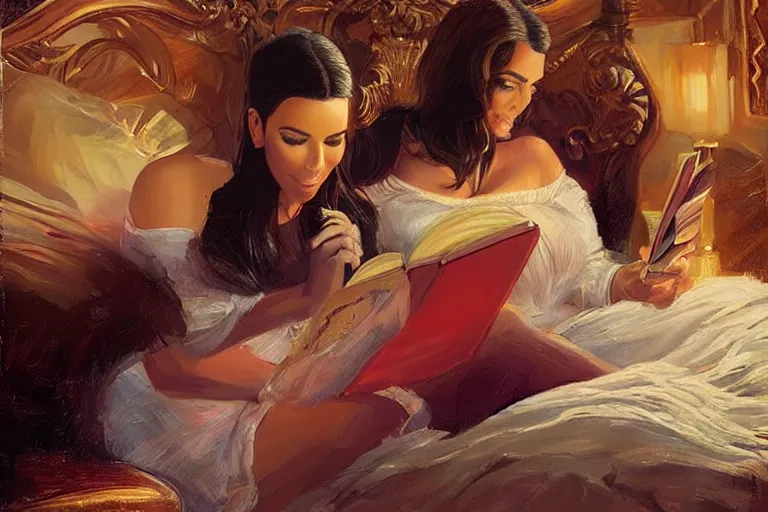 Image similar to portrait of kim kardashian reading a bedtime story to joe biden in bed, an oil painting by ross tran and thomas kincade