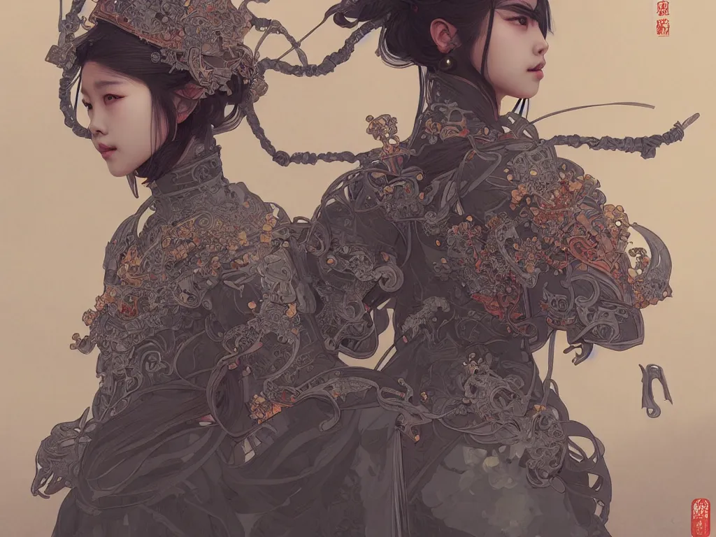 Image similar to portrait jisoo blackpink, grey hair armored samurai clothes, inside fire japanese temple, ssci - fi and fantasy, intricate and very very beautiful and elegant, highly detailed, digital painting, artstation, concept art, smooth and sharp focus, illustration, art by tian zi and wlop and alphonse mucha