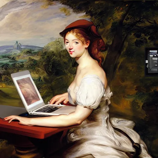 Image similar to heavenly summer sharp land sphere scallop well dressed lady working on her laptop auslese, by peter paul rubens and eugene delacroix and karol bak, hyperrealism, digital illustration, fauvist, looking at her imac laptop