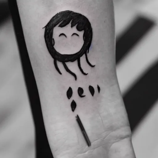 Image similar to handpoke tattoo of a black and white children's drawing, stick poke, lineart