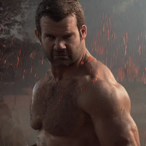 Image similar to John Scott Cothill with buff body, realistic artstyle, wide shot, dramatic lighting, octane render, hyperrealistic, high quality, highly detailed, HD, beautiful, cinematic, 8k, unreal engine, facial accuracy, symmetrical