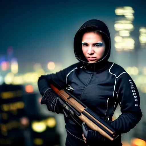 Image similar to photographic portrait of a techwear woman holding a shotgun, closeup, on the rooftop of a futuristic city at night, sigma 85mm f/1.4, 4k, depth of field, high resolution, 4k, 8k, hd, full color, Die Hard, movies with guns, movie firearms