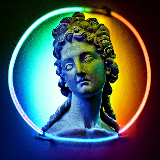 Prompt: a renaissance statue on a neon ring background