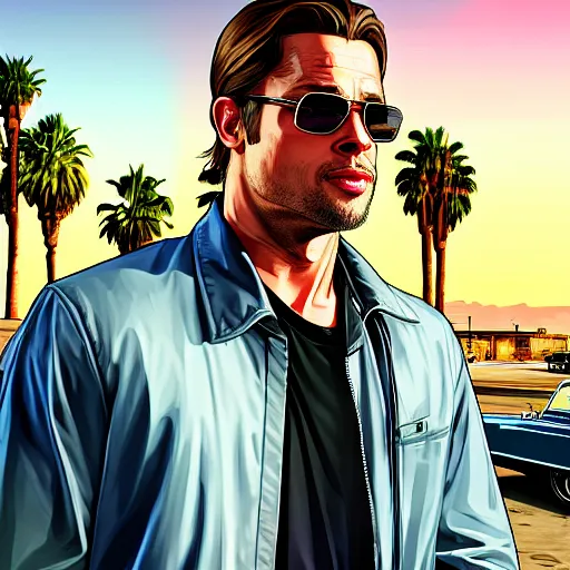 Prompt: gta v, grand theft auto 5 los santos in background by stephen bliss of brad pitt