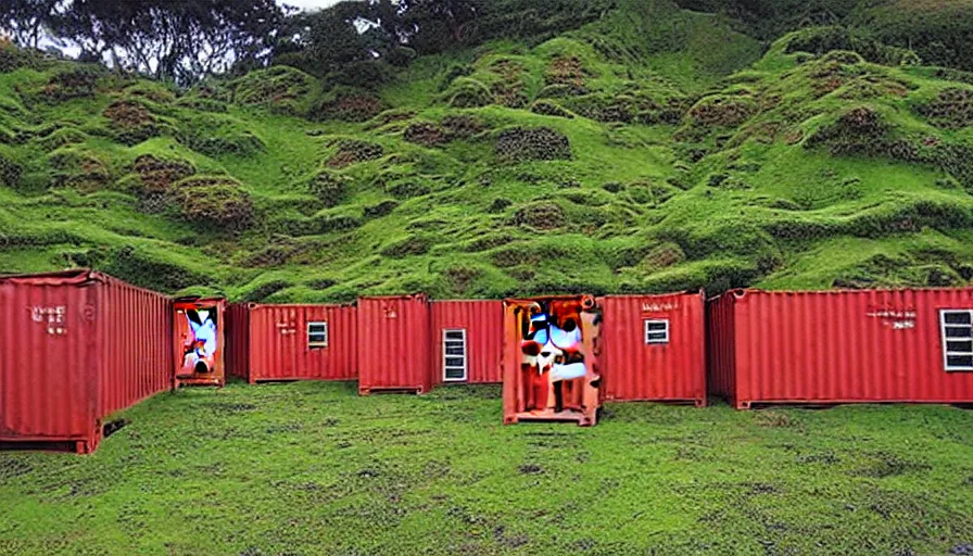 Image similar to hobbit monastery made of shipping containers, on hawaii, by Ivan Bilibin,