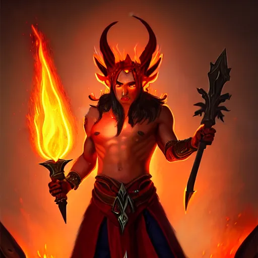 Prompt: a portrait of a male burning ifrit fire elf holding a glaive, front full view, artstation, orthographic, hd, 8 k, pathfinder, d & d artwork, character commission, sharp high quality artwork by greg rutkowski, concept art, blizzard warcraft artwork, hearthstone card artwork