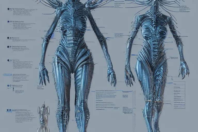 Image similar to Blueprint of alien queen, biology, sectioned, detailed, artstation, cgsociety, Ralph McQuarrie and Greg Rutkowski