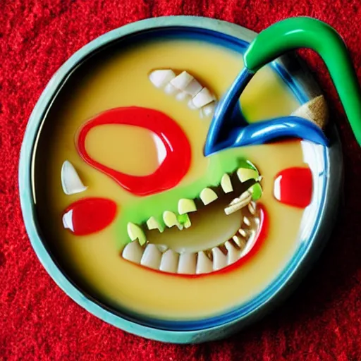 Prompt: alphabet soup with human teeth inside