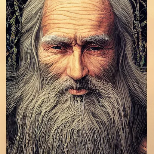 Prompt: a high detailed hyper-detailed painting of an old psychedelic and mystical hermit with white hair and a long beard, his skin has wrinkles and striking textures, he has an open third eye and is in a fantastic forest with magical creatures like sylphs, elves and elves