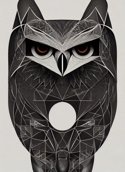 Image similar to portrait of a geometric owl, identical eyes, medium shot, illustration, full body made of white feathers, symmetrical, art stand, super detailed, cinematic lighting, and its detailed and intricate, gorgeous, by peter mohrbacher