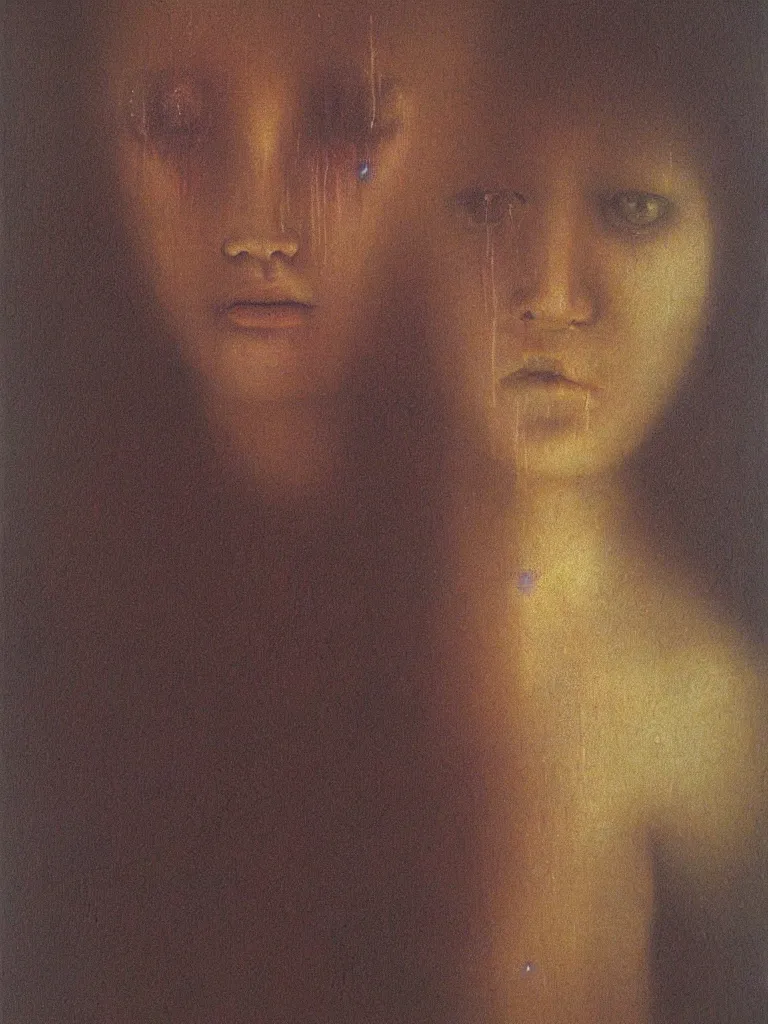 Prompt: portrait of young girl, painting by Beksinski