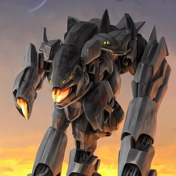 Image similar to hyper realistic, epic, highly detailed cinematic full body shot of a gigantic feral mecha canine, sharp metal claws, cannon mounted on back, sleek armor, glowing visor, destroying city, digital art, furry art, macro art, dragon art, zoids art, furaffinity, deviantart, sofurry