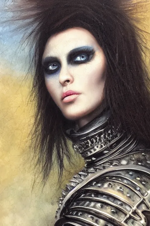 Image similar to hyperrealism oil painting, close - up portrait of punk gothic medieval brunette fashion model, knight, steel gradient mixed with nebula sky, in style of baroque