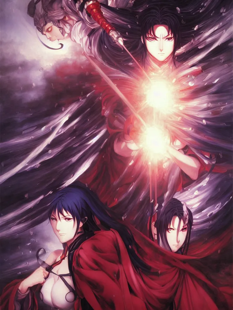 Image similar to baroque oil painting of kunoichi, rain, painting by makoto shinkai takashi takeuchi yoshiyuki sadamoto wlop and artgerm, fate stay night