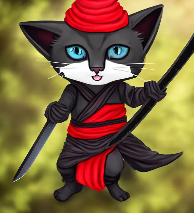 Image similar to a high detail shot of a cute chibi ninja cat wearing rags, holstering sword, realism, 8 k, fantasy,