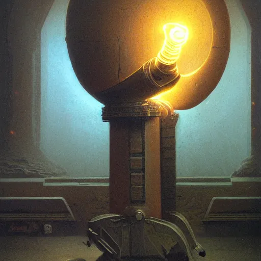 Image similar to ancient technology artifact, with glowing parts, by barlowe, wayne