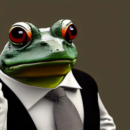 Image similar to a high quality photo of an antropomorphic frog wearing a suit smoking a cigar, 3d scene, render, ultra realistic, artstation, cgsociety