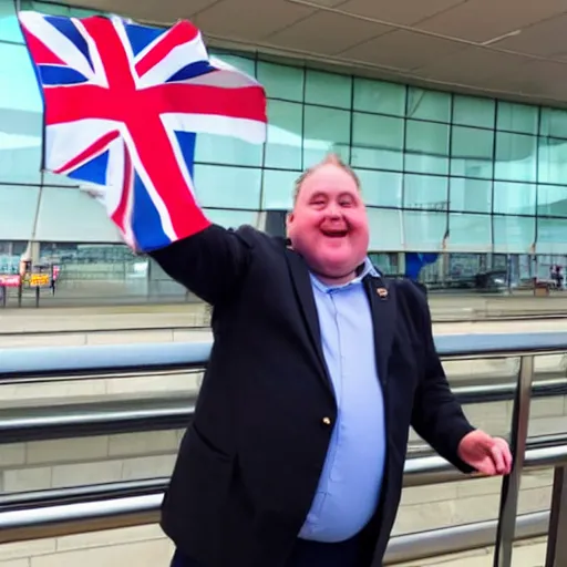 Image similar to fat middle aged british man waving british flag in heathrow airport