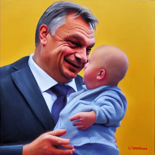 Prompt: viktor orban playing with a small child, oil painting