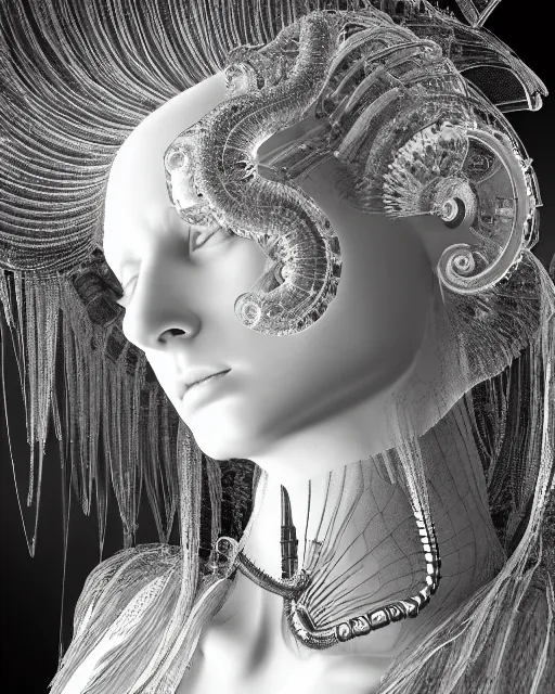 Image similar to mythical dreamy black and white organic translucent bio-mechanical spinal ribbed profile face portrait detail of steampunk mechanical beautiful female angelic-human-queen-realistic-cyborg, highly detailed, intricate crystal jelly ornate, poetic, 3D render, digital art, octane render, 8K artistic photography, photo-realistic, by Dora Maar