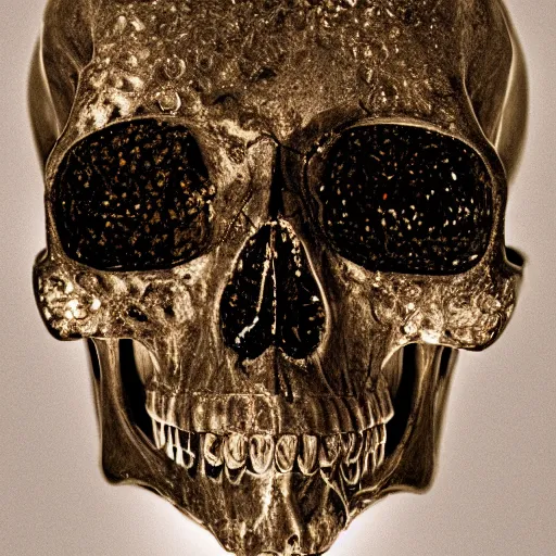 Prompt: skull made of crystal lit from within. golden light. shimmer