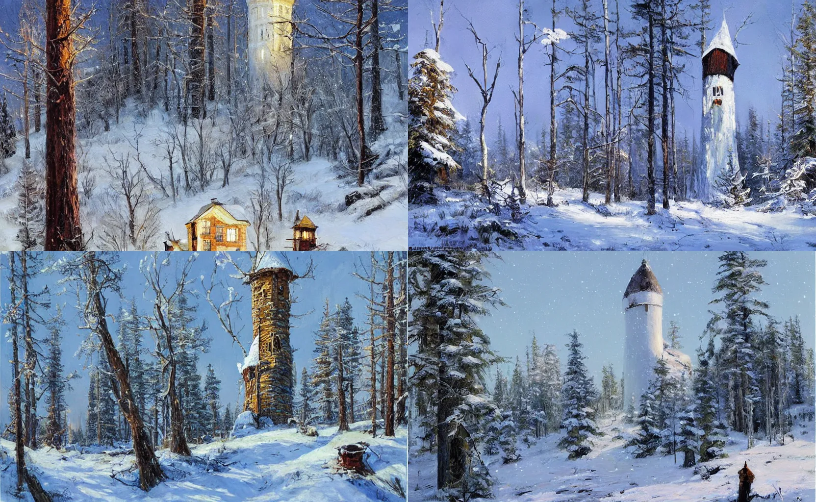 Prompt: A quaint wizard tower in the snowy boreal woods, fantasy painting by Karl Gustav Rodde and Ben Aronson