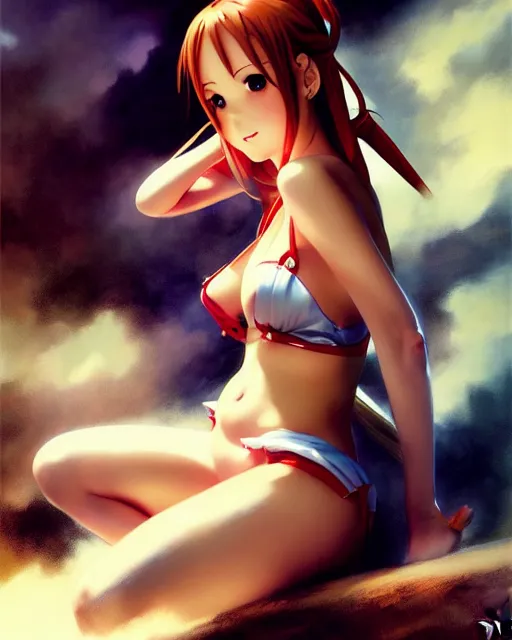 Image similar to pinup photo of asuna from sao, hot asuna by, by greg rutkowski, gil elvgren, glossy skin, pearlescent, anime, maxim magazine,