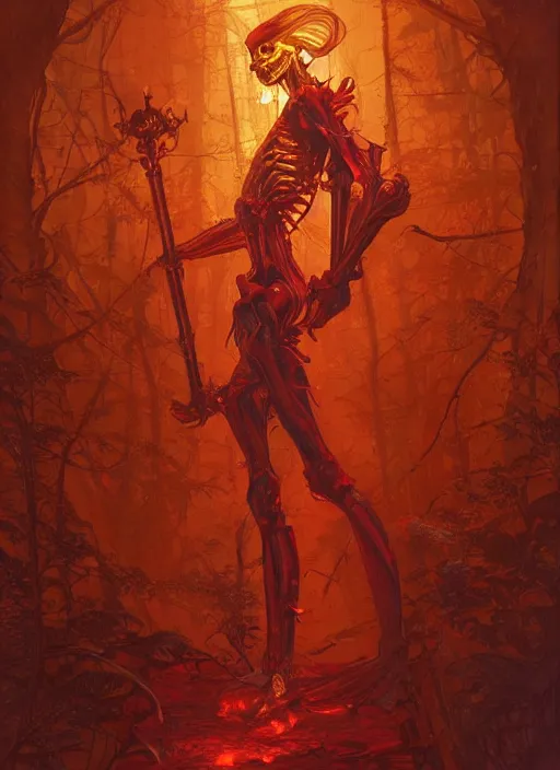 Prompt: A red Skeleton, golden crown, male, fantasy, extremely detailed, digital painting, artstation, concept art, smooth, sharp focus, illustration, stunning lighting, art by artgerm and greg rutkowski and alphonse mucha and simon stalenhag, realistic character concept, high fantasy, dark atmosphere, golden ratio, cinematic lighting, hyperdetailed, high resolution, insanely detailed and intricate, artstation, Marc Simonetti, Greg Rutkowski, 8k