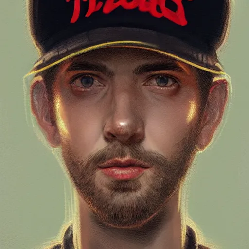 Prompt: portrait of tyler the crestor with baseball hat, staring directly into camera, intricate, elegant, glowing lights, highly detailed, digital painting, artstation, sharp focus, illustration, art by wlop, mars ravelo and greg rutkowski