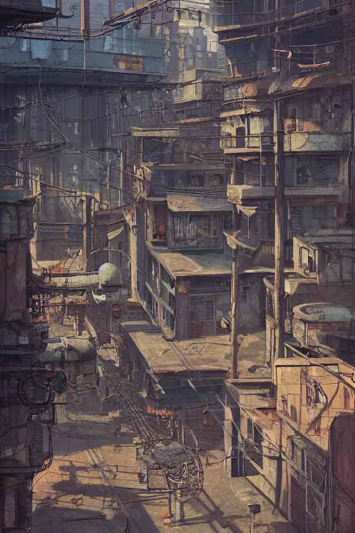 Prompt: a industrial STEAMPUNK CITY Street scenery in the FAVELAS, signs, billboards and cable Connecting MULTI LVL BUILDINGS, rendered by simon stålenhag, rendered by Beeple, Makoto Shinkai, syd meade, environment concept, digital art, starwars, raphael lacoste, eddie mendoza, alex ross, concept art, cinematic lighting, , unreal engine, 3 point perspective, WLOP, trending on artstation, low level, 4K UHD image, octane render,