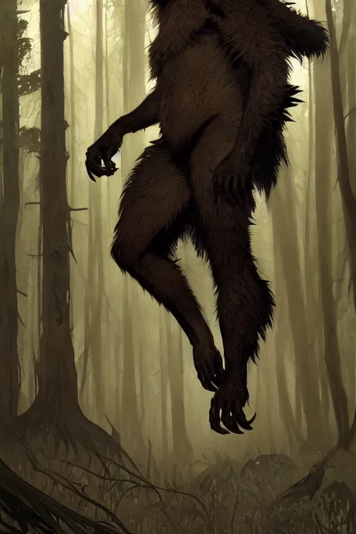 Image similar to fullbody portrait of a male werewolf, bared teeth, long claws, by greg rutkowski and alphonse mucha, gradient brown to silver, in front of a forest at night background, highly detailed portrait, digital painting, artstation, concept art, smooth, sharp focus illustration