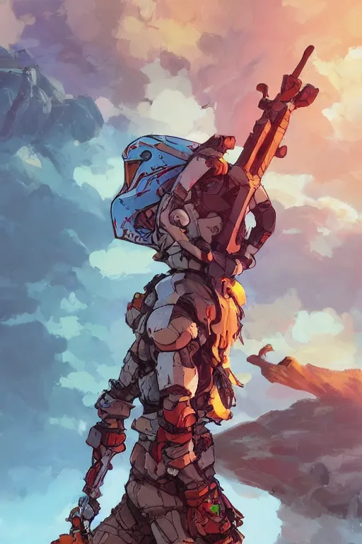 Image similar to combination suit armor aloy horizon forbidden west horizon zero dawn robot ninja mask helmet backpack tribal, fanart behance hd artstation by jesper ejsing, by rhads, makoto shinkai and lois van baarle, ilya kuvshinov, ossdraws