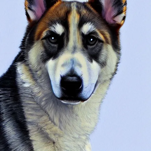 Image similar to a puppy portrait, husky, german shepherd, pit bull mix, blue eyes, caramel brown ears, symmetrical, vertical broad white stripe on face, realistic, cute, beautiful, detailed, artstation