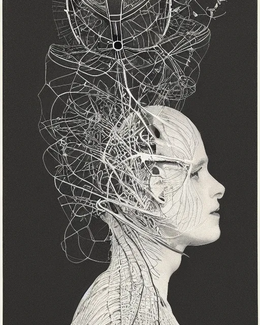 Image similar to a woman's face in profile, wearing a space helmet made of intricate delicate leaf skeleton, in the style of the dutch masters and gregory crewdson, dark and moody