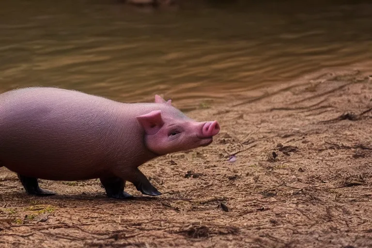 Image similar to a pig platypus!!! hybrid! hyper realistic!! realistic lighting!! wildlife photographer of the year!!! bold natural colors, national geographic, hd, wide angle, 8 k