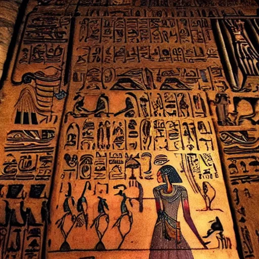 Image similar to of cleopatra with detailed tattoos sitting on a throne in egypt in a huge cathedral adorned with hieroglyphs. the whole scene lit by fire lamps very cinematic epic scene