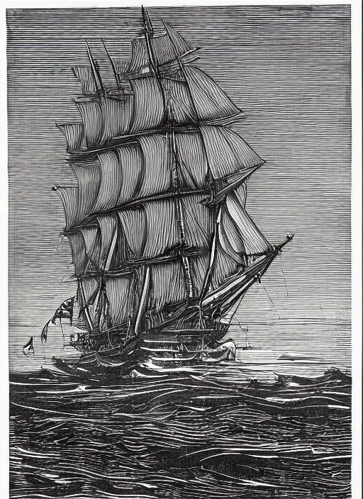Prompt: galleon on the high seas big waves moonlight, art by james o barr and albrecht durer, woodblock print, engraved, black and white, vector, vector art