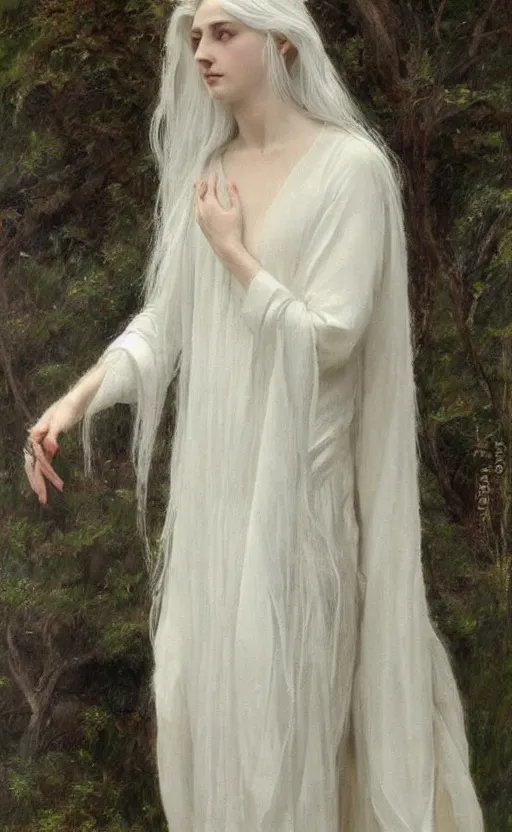 Image similar to say who is this with silver hair so pale and wan! and thin!? female angel in white robes flowing hair fair body, white dress!! of silver hair, covered!!, clothed!! lucien levy - dhurmer, fernand keller, oil on canvas, 1 8 9 6, 4 k resolution, aesthetic, mystery