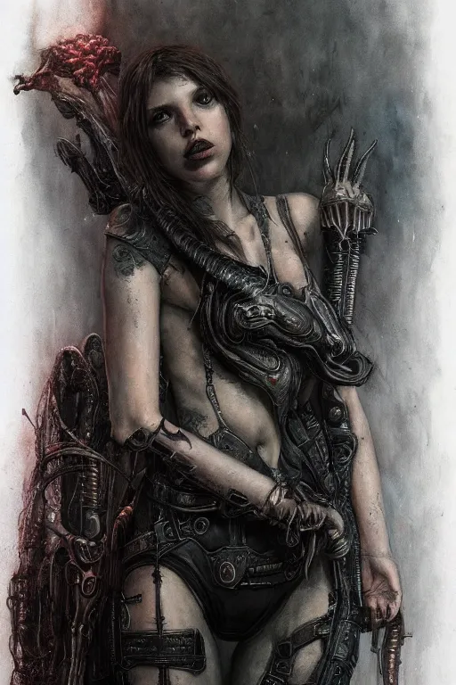 Image similar to portrait of hannah murray by hr giger, greg rutkowski, luis royo and wayne barlowe as a diablo, resident evil, dark souls, bloodborne monster