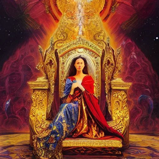 Prompt: Realistic painting of beautiful high cosmic magic fantasy priestess woman in detailed ornate costume, sitting on a throne in a throne room in a palace dramatic lighting, high-detailed oil painting by Ilya Repin, William Blake, Michelangelo da Caravaggio, Alex Grey and Beksinski, masterpiece, 4k