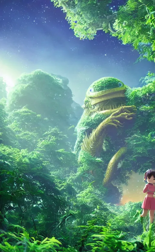 Image similar to a still of a cute adorable tiny astronaut, on a planet of lush foliage, with an enormous kaiju dragon surrounding, magical forest, sharp focus, neon backlit, highly detailed, disney pixar studio ghibli makoto shinkai, digital painting, matte, octane render, global illumination, iridescent, anime, 8 k concept art