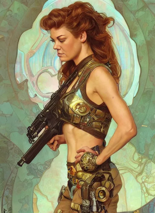 Image similar to Adrianne Palicki as a beautiful young woman holding a pistol, science fiction, intricate, elegant, highly detailed, centered, digital painting, artstation, concept art, smooth, sharp focus, illustration, art by artgerm and donato giancola and alphonse mucha