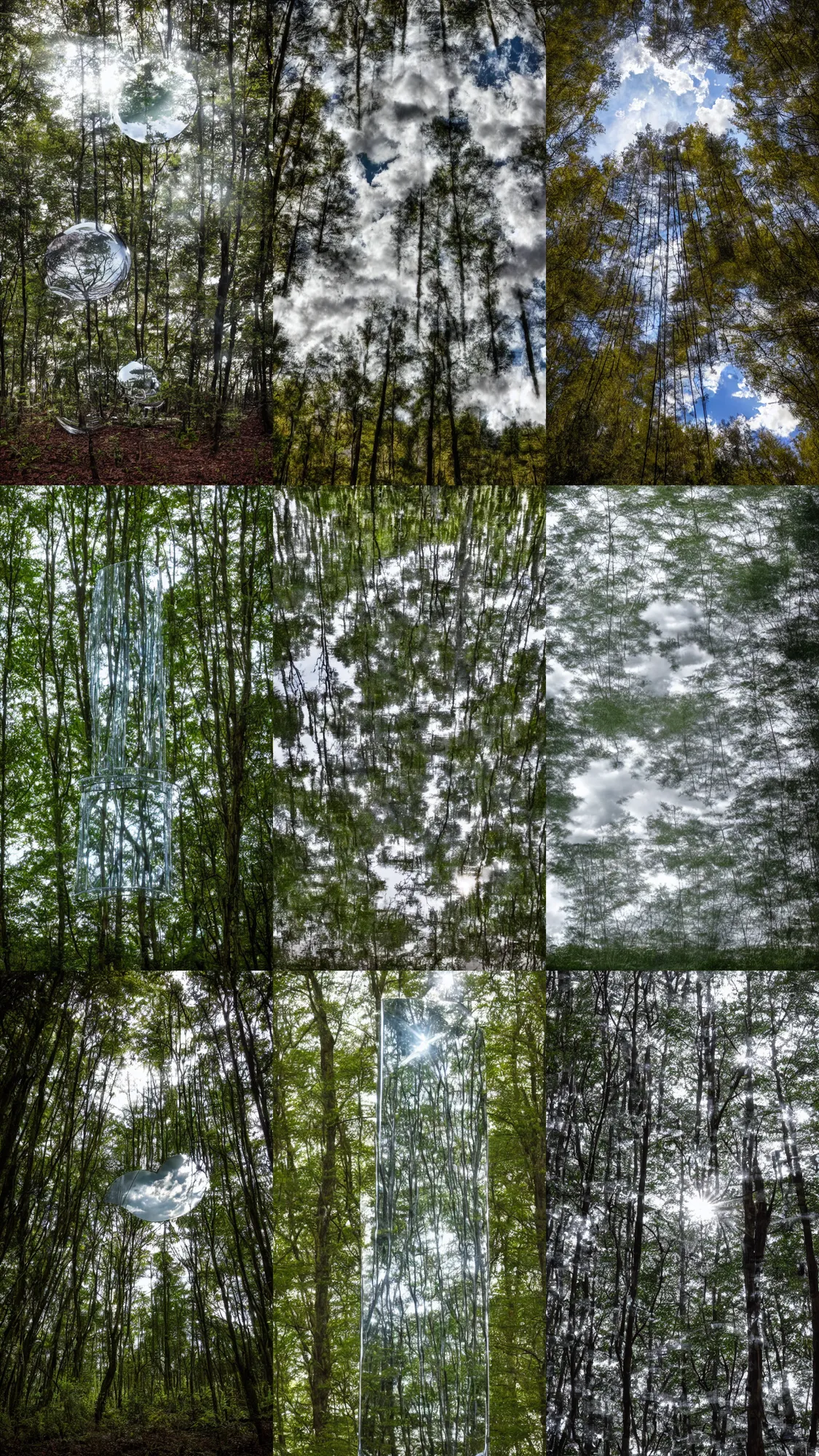 Prompt: a reflection of clouds in chrome sculpture in a forest photography