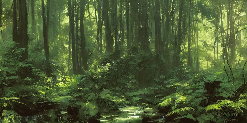 Prompt: beautiful fern forest with a creek abd redwoods, dappled light, intricate, elegant, highly detailed, greg manchess, mucha, liepke, ruan jia, jeffrey catherine jones, ridley scott