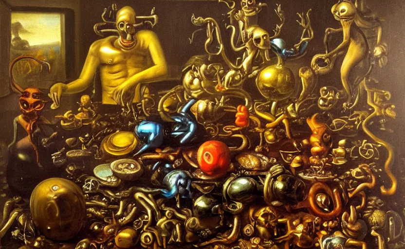 Prompt: disturbing colorful oil painting dutch golden age vanitas still life with bizarre recursive humanoid faces strange beautiful curvy women metal objects shiny gooey surfaces shiny metal bizarre insects rachel ruysch dali todd schorr very detailed perfect composition rule of thirds masterpiece canon 5 0 mm, cinematic lighting, chiaroscuro