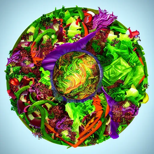 Image similar to Photorealistic magic super salad. Hyperdetailed photorealism, 108 megapixels, amazing depth, glowing rich colors, powerful imagery, psychedelic Overtones, 3D finalrender, 3d shading, cinematic lighting, artstation concept art