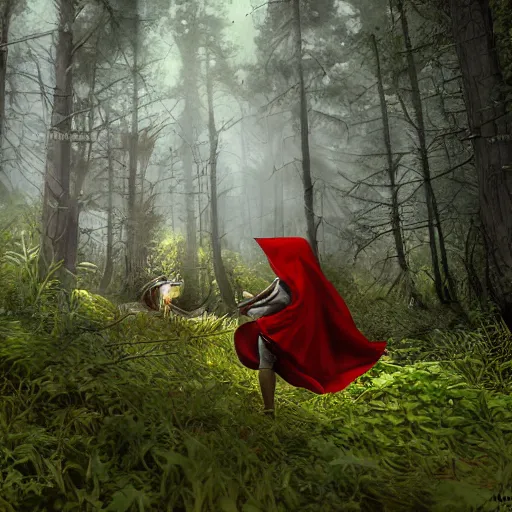 Image similar to smirking heavily armed little red riding hood getting attacked by a werewolf from behind in a lush green forest, sharp focus, unreal engine 5, digital illustration, volumetric light, highly detailed, intricate, by michael whelan, james gurney, 8 k