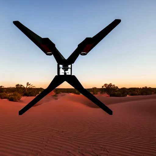 Prompt: flying robotic drone 3d printer, giant extrusion nozzle printing an earthship house frame in the australian desert, XF IQ4, 150MP, 50mm, F1.4, ISO 200, 1/160s, dawn