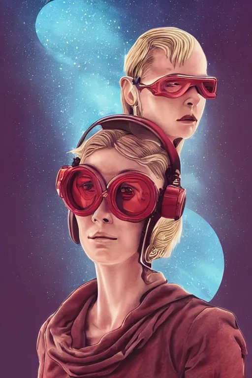 Image similar to tattooed stoic heroic emotionless butch blond woman engineer stranded on hostile dusty red alien planet, red dust storm, awkward and anxious, victorian goggles, very short slicked - back hair, by artgerm and moebius, ornate, stunning, nebula, explosions in the sky, trending on artstation